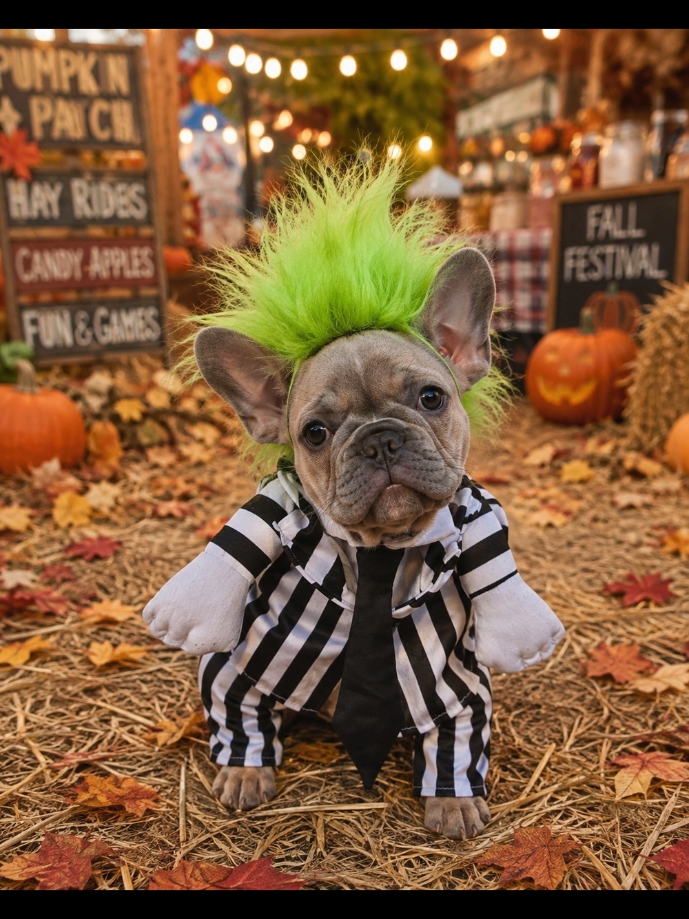 Beetlejuice Dog Costume with Black & White Striped Suit Size Small